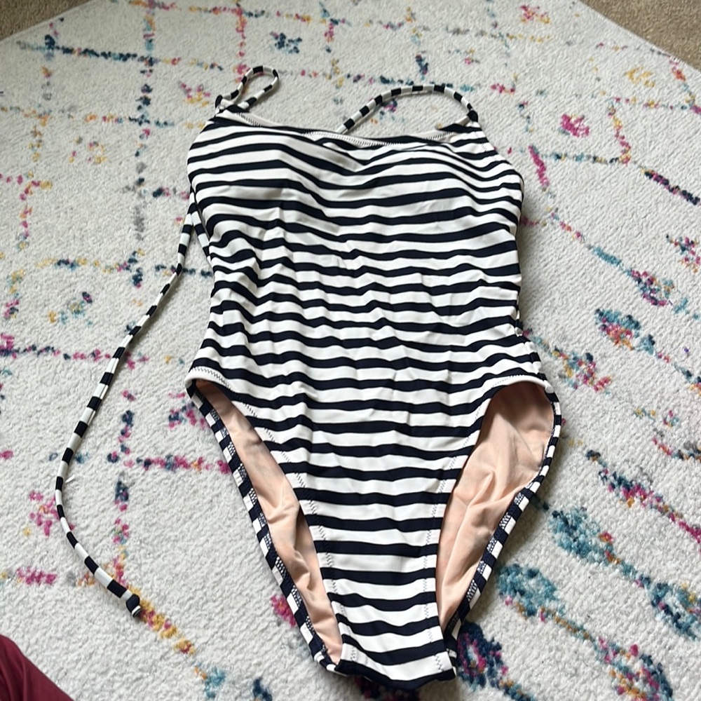 J Crew Tie-Back Navy & White Striped One-piece Swimsuit